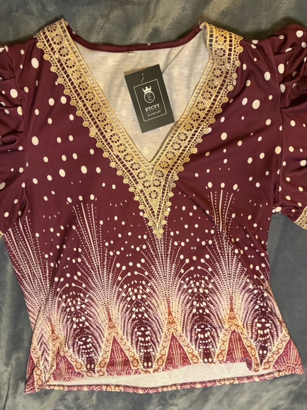 ETCYY Women's Burgundy Boho Lace Trim Puff Sleeve Top Large NWT